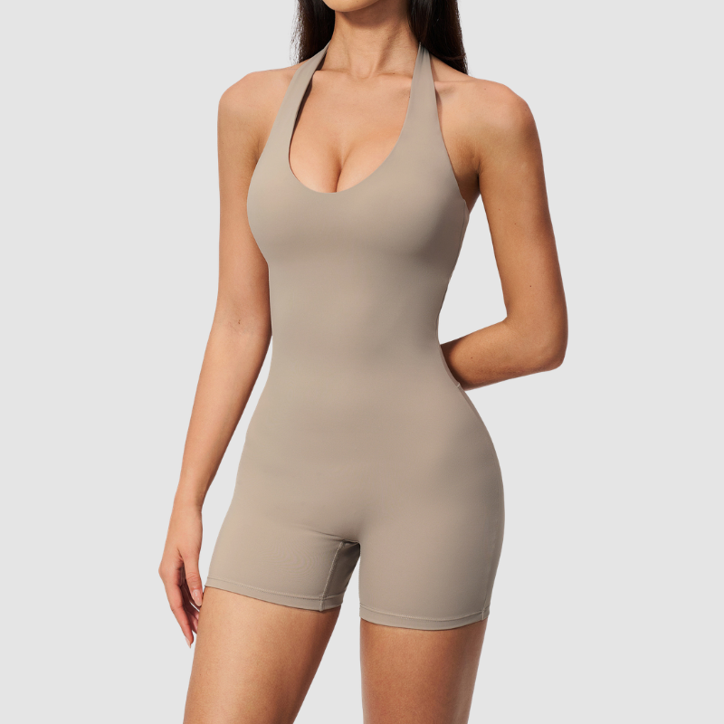 Wholesale Women's Halter-Neck V-Back One-Piece Yoga Bodysuit with Built-in Shorts
