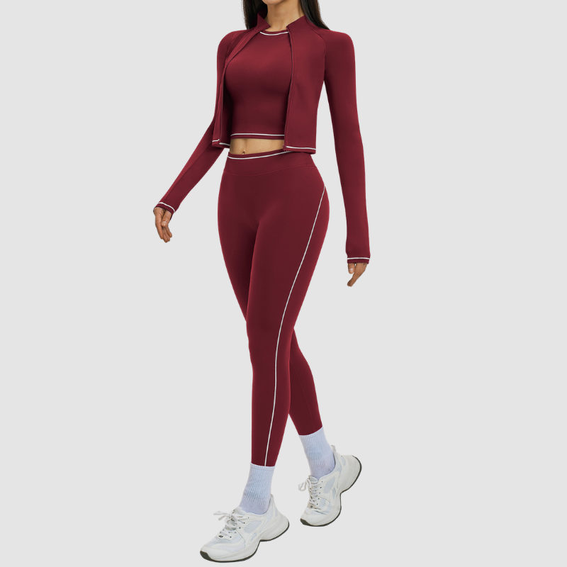 Color blocking nude sports jacket+Sport Bra+Legging running fitness 3-piece set