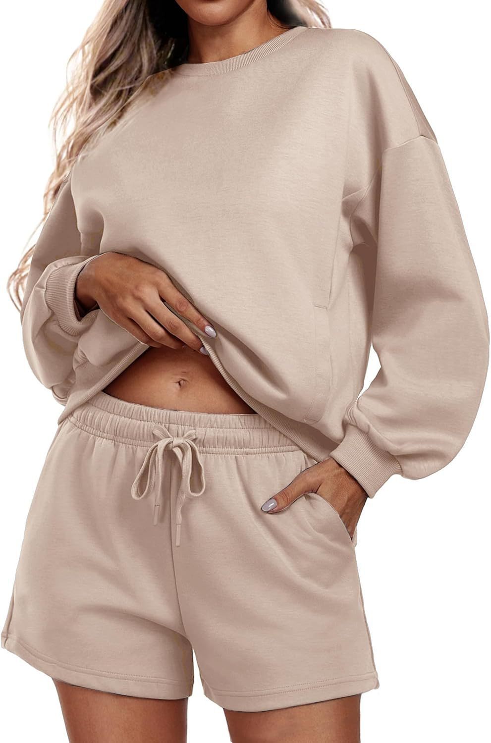 Round neck loose casual sweatshirt+Loose-fitting athletic shorts 2-piece set