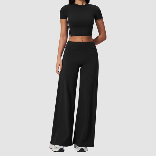 Wholesale Women's Brushed Short Sleeve Crop Top & Wide-Leg Pants Set – Padded Yoga Fitness 2-Piece