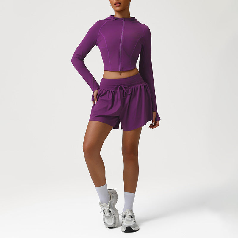 Snug-Fit Naked-Feel Hooded Jacket + High-waisted Loose Drawstring Shorts 2-Piece Set