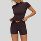 Slim-fit stand-up collar short-sleeved top+Pleated waistband sport shorts 2-piece set