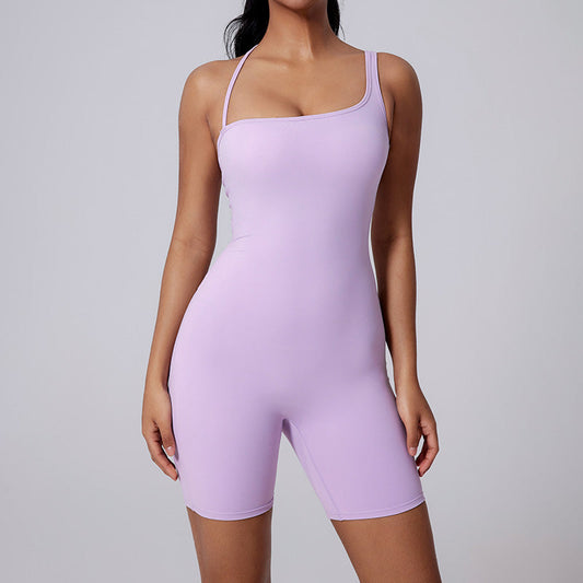 Asymmetric straps hollow back shorts sports jumpsuit