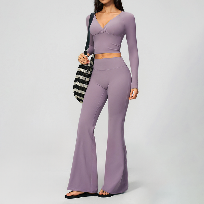 Wholesale Women's Cream-Feel Fleece Long Sleeve Top & High waisted flared Pants Set