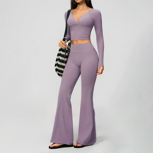 Wholesale Women's Cream-Feel Fleece Long Sleeve Top & High waisted flared Pants Set