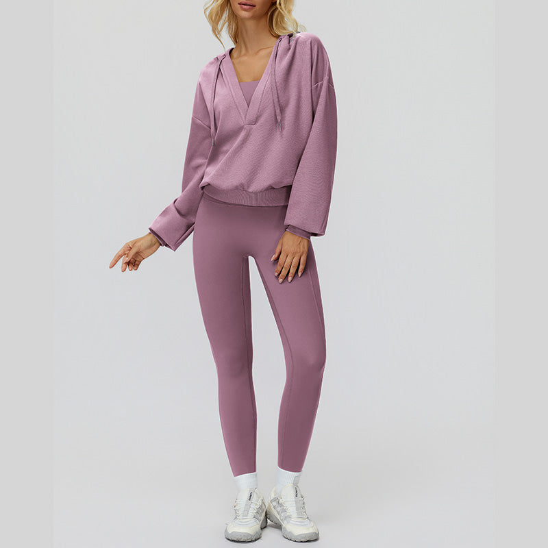 V-neck large hooded jacket+Sports tank top+High-waisted leggings 3-piece set