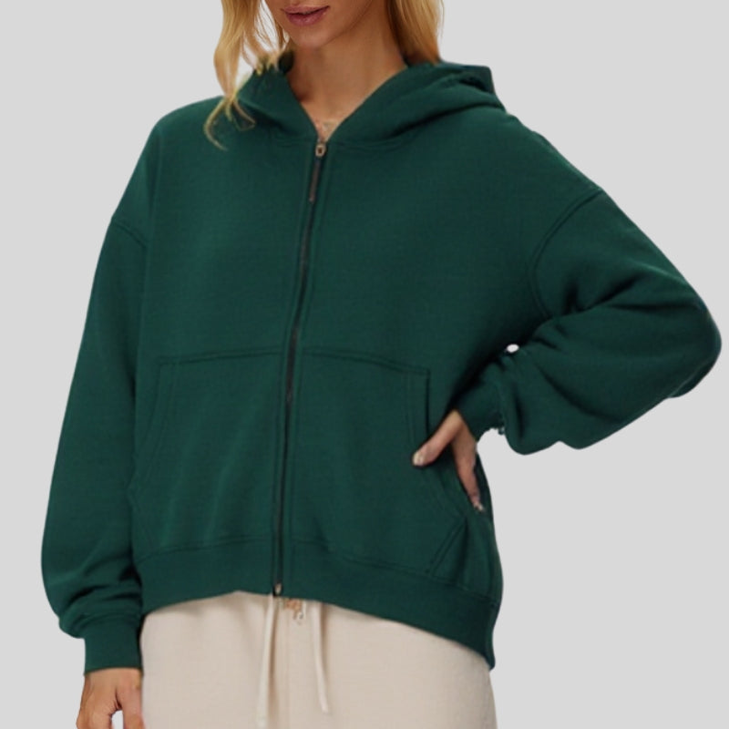 Oversize Cropped Zip Hoodie with Fleece Lining