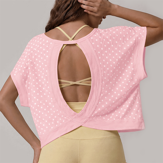 Wholesale Women's Hollow Polka Dot Yoga Cover-Up – Loose Fit Open-Back Short Sleeve Gym Top