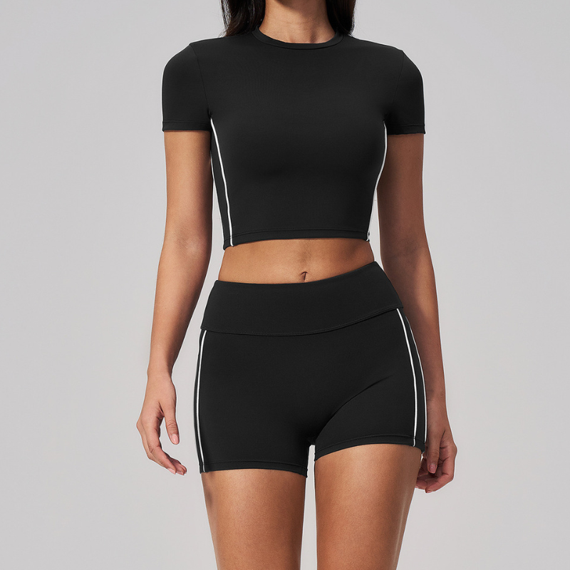Wholesale Women's Brushed Short Sleeve Crop Top & High-Waist Shorts Set – Padded Yoga Fitness 2-Piece