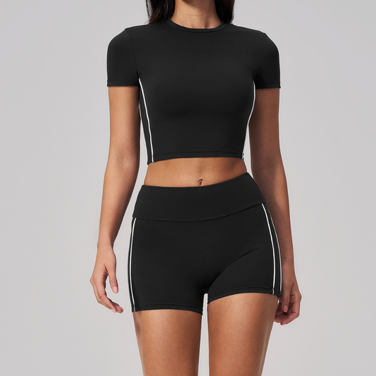 Wholesale Women's Brushed Short Sleeve Crop Top & High-Waist Shorts Set – Padded Yoga Fitness 2-Piece