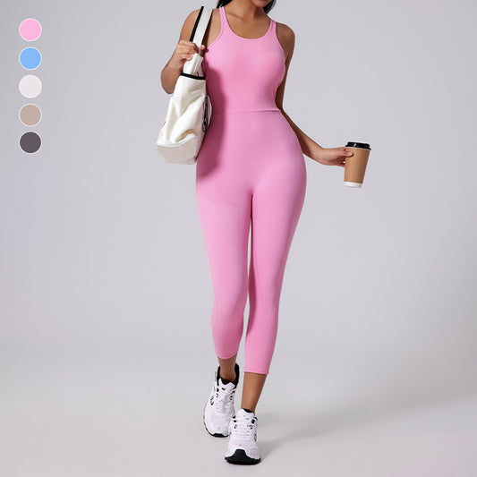 Brushed nude V-shaped back long pants yoga jumpsuit