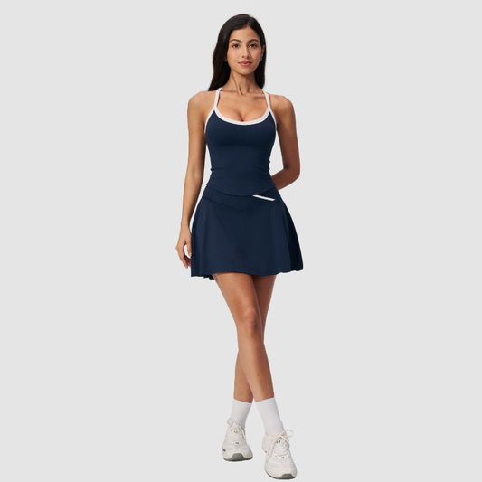 Wholesale I-Shape backless Naked-Feel Sports Bra & Pleated Tennis Skirt Set