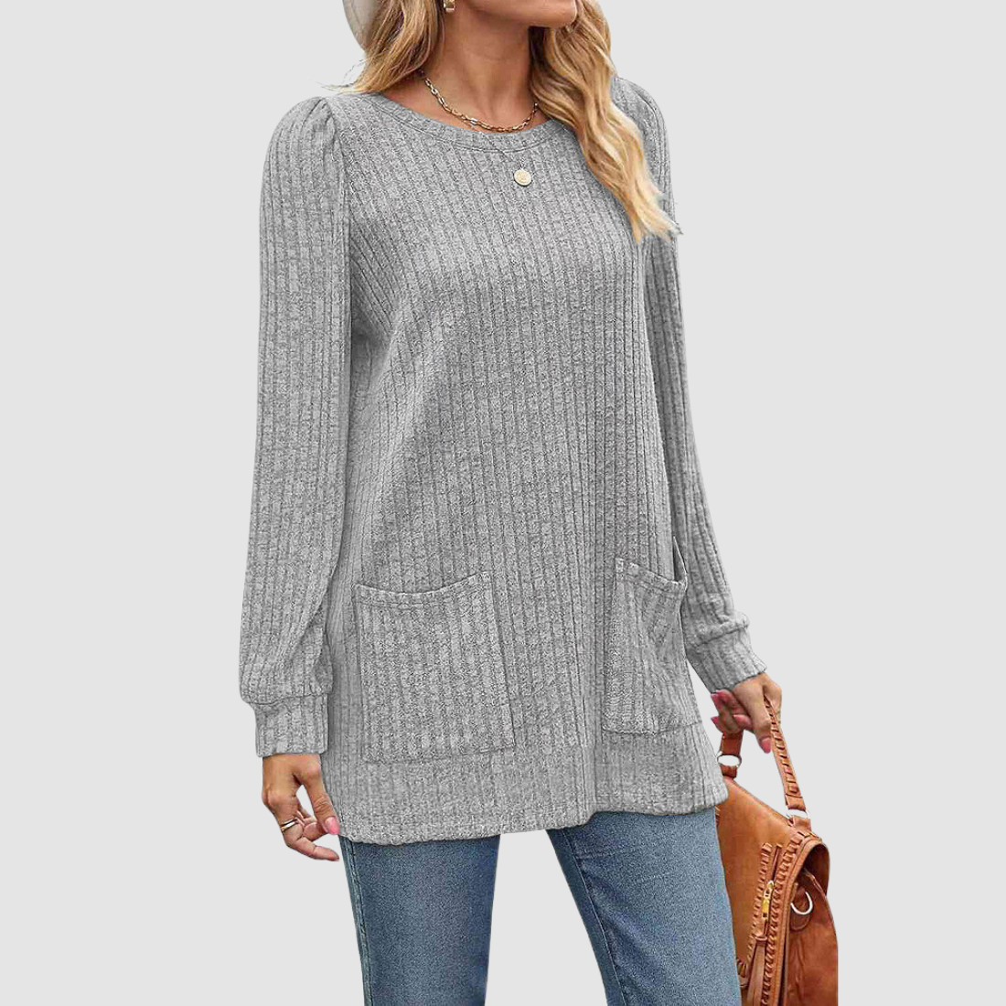 Wholesale Women’s Ribbed Pocket Tunic Sweater – Mid-Long Knit Pullover