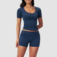 Wholesale short-sleeved tops and high-waisted fold-over shorts sets