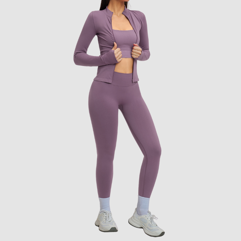 Wholesale Cross Shoulder Strap Bra+Legging+Jacket 3-Piece | Wonderxfans bulk activewear