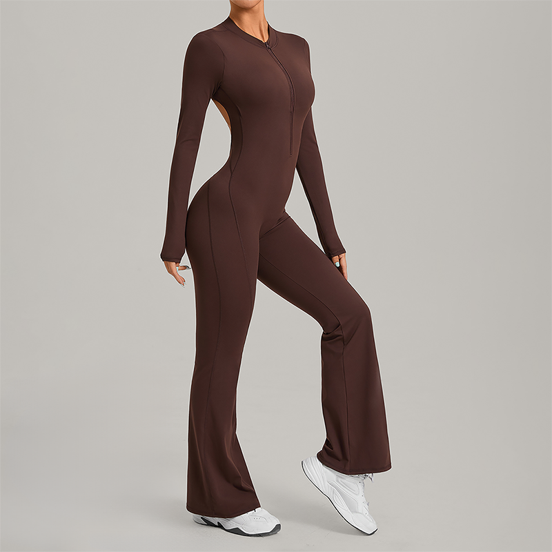 Zipper long sleeved backless fitness jumpsuit