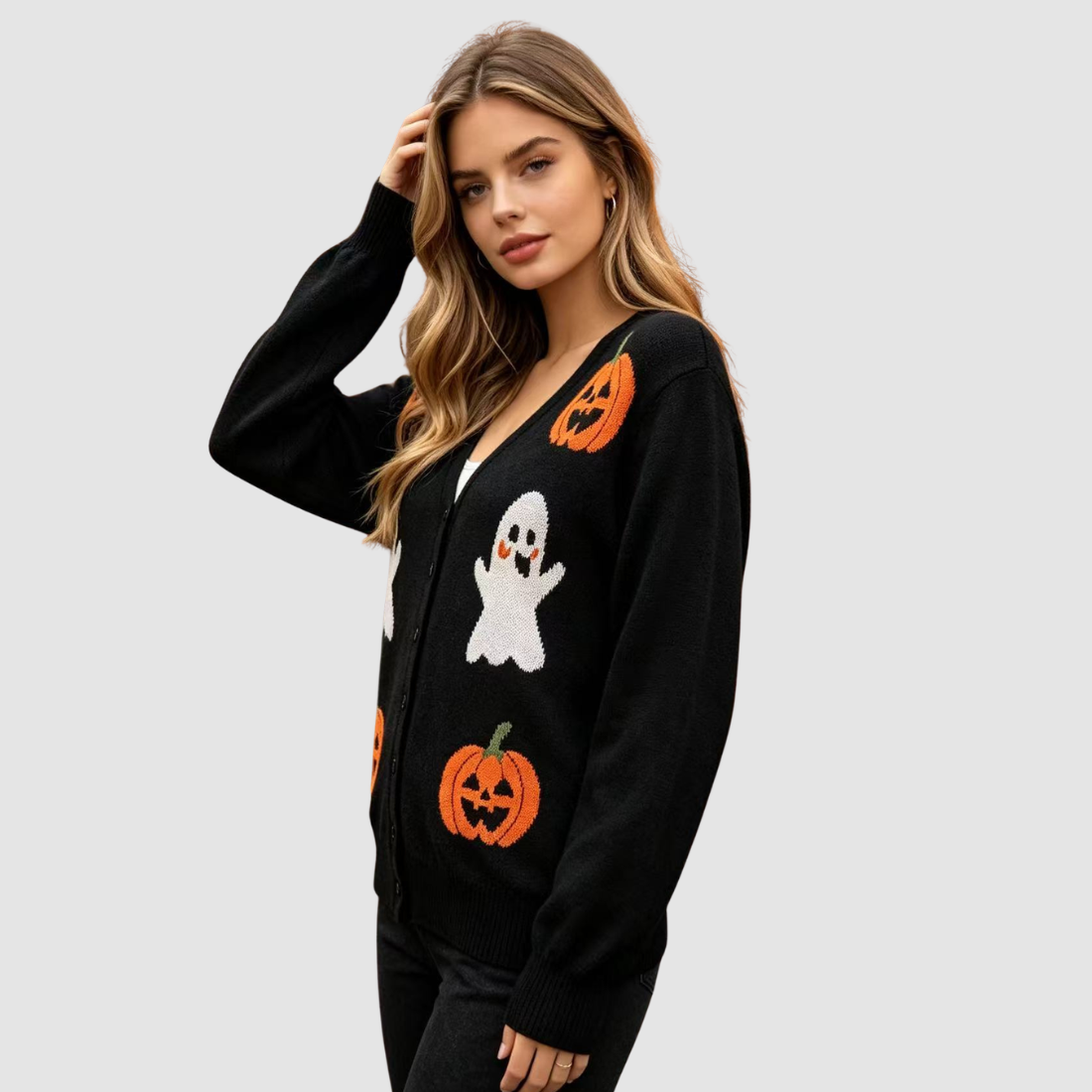 Wholesale Women's V-Neck Halloween Witch Pumpkin Lantern Cardigan