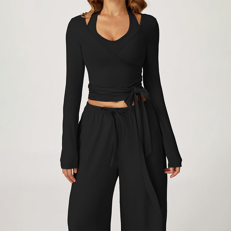 V-neck crop top+Open-back sleeveless crop+HIGH WAIST LEGGINGS 3-PIECE SET