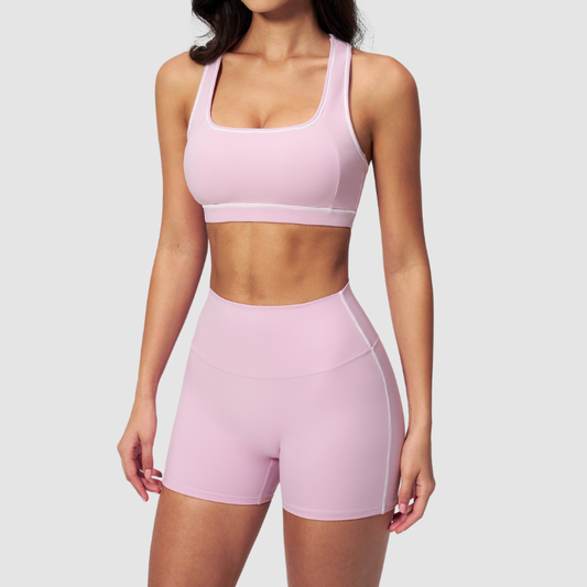 Wholesale Women's Seamless Seam-Detail Sports Bra + High-Waist Shorts Set – Butt-Lifting Yoga Gym Activewear