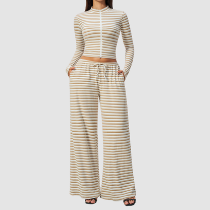 Wholesale Women's Stripe Yoga Set: Zip Stand-Collar Jacket & Wide-Leg Pants