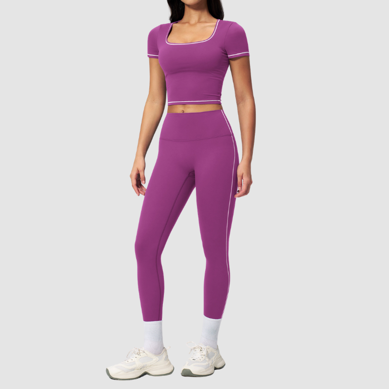 Wholesale Women's Seam-Detail Short Sleeve Crop Top + High-Waist Leggings Set – Butt-Lifting Yoga Gym Activewear