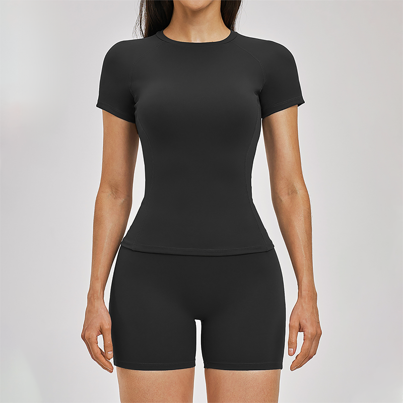 Wholesale solid color short sleeved T-shirt+high waisted shorts 2-piece set
