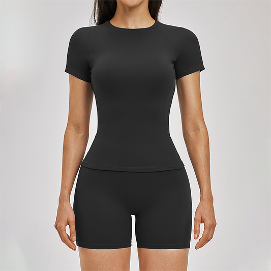 Wholesale solid color short sleeved T-shirt+high waisted shorts 2-piece set