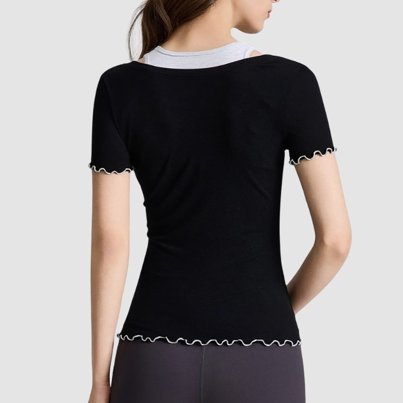 Wholesale Women's Faux Two-Piece Contrast Color Short-Sleeve Yoga Top – Slim Fit Activewear