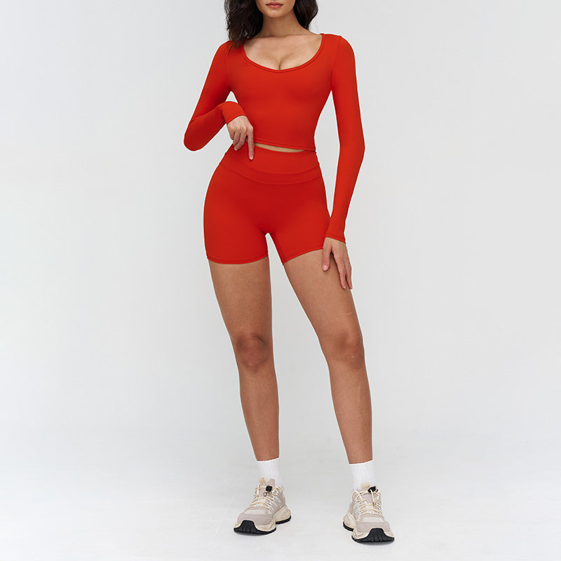 V-neck slim-fit long-sleeved top + High waist shorts 2-piece set