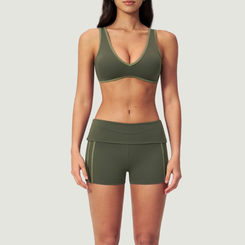 Wholesale Color Block V-Neck Sports Bra & Fold-Up Shorts Set
