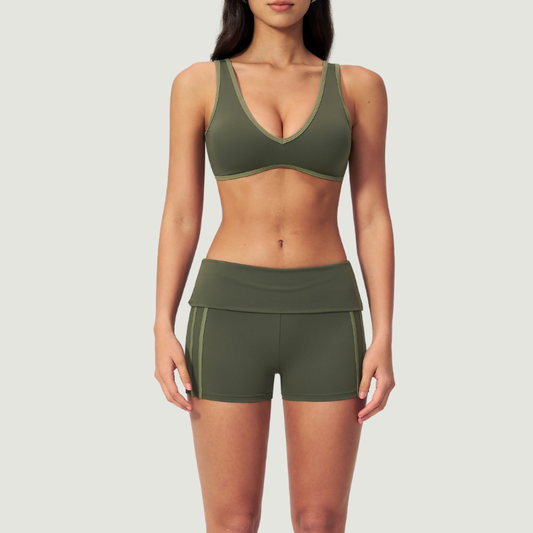 Wholesale Color Block V-Neck Sports Bra & Fold-Up Shorts Set