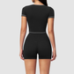 Wholesale Women's Seam-Detail Short Sleeve Crop Top + High-Waist Shorts Set – Butt-Lifting Yoga Gym Activeweare