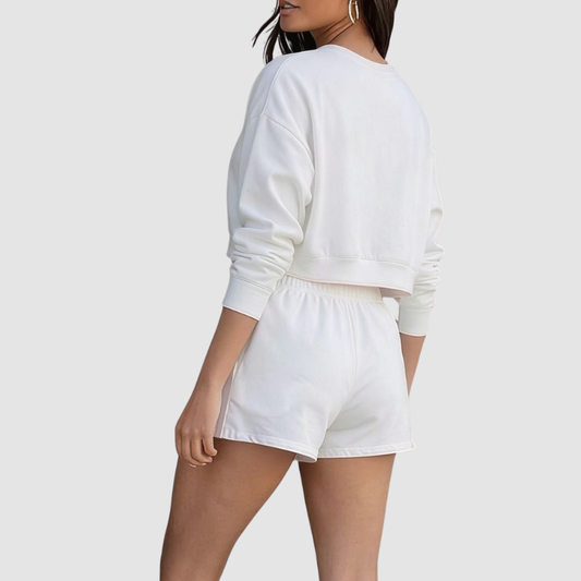 Wholesale Women's Crew Neck Long Sleeve Loose Sweatshirt Set – Casual Pullover Top + Shorts
