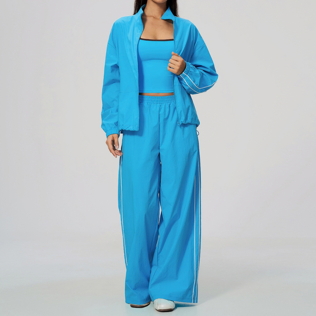 Wholesale Women's Stand-Collar Zip Jacket and Wide-Leg Long Pants Set