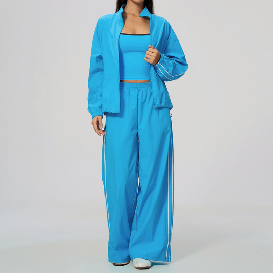 Wholesale Women's Stand-Collar Zip Jacket and Wide-Leg Long Pants Set