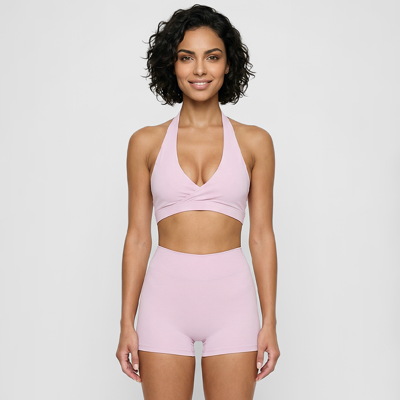 Deep V halter neck bra + high waisted shorts 2-piece set