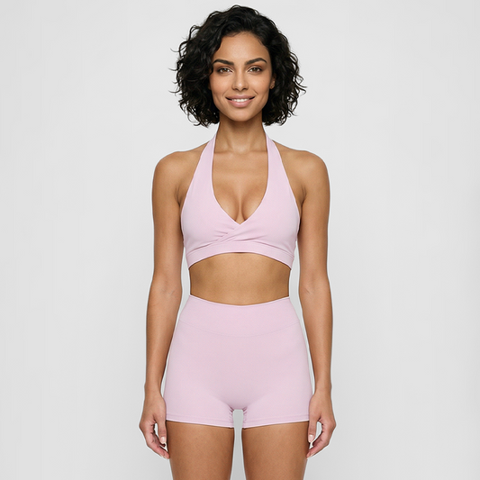 Deep V halter neck bra + high waisted shorts 2-piece set