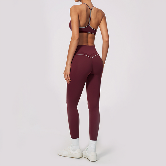 Wholesale Women's Brushed Yoga Set: V-Neck Bra & Leggings – Colorblock Tummy Control
