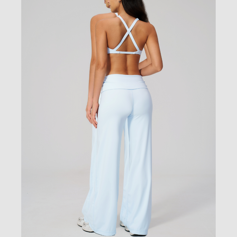 Wholesale Seam-Detail Sports Bra & Fold-up High-Waist Flare Leggings Set