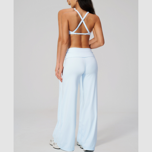 Wholesale Seam-Detail Sports Bra & Fold-up High-Waist Flare Leggings Set