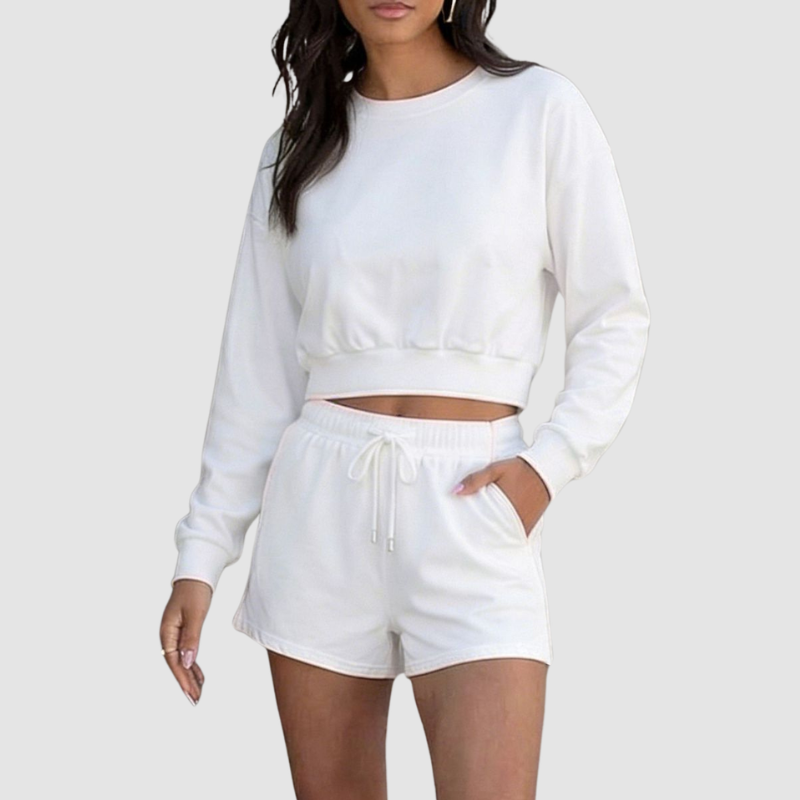 Wholesale Women's Crew Neck Long Sleeve Loose Sweatshirt Set – Casual Pullover Top + Shorts