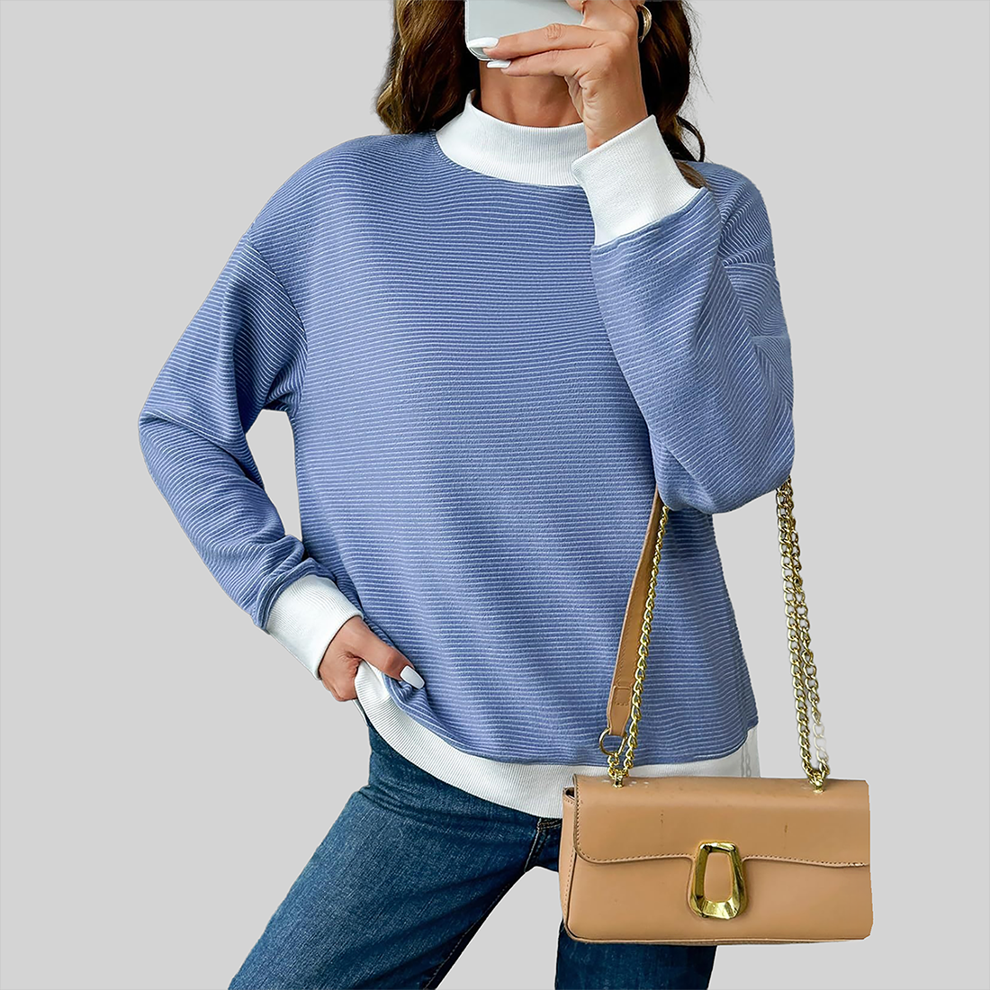 Wholesale Brushed Striped Long Sleeve Pullover – Loose Contrast Color Top