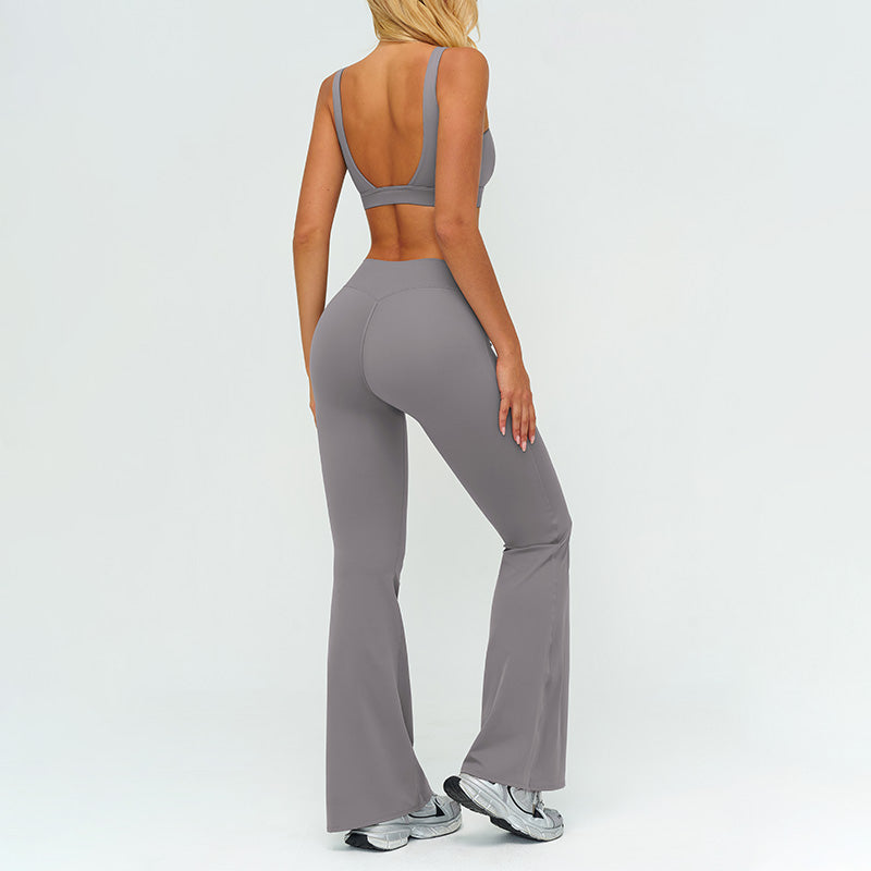 Square neckline backless sports bra+High-waisted flared pants 2-piece set