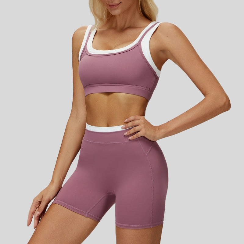 Contrast color sports bra + sports shorts 2-piece set