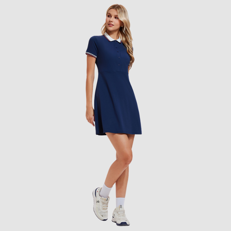 Wholesale Women's POLO Collar Short-Sleeve Tennis Dress – Slim Fit Color-Block Sporty Dress