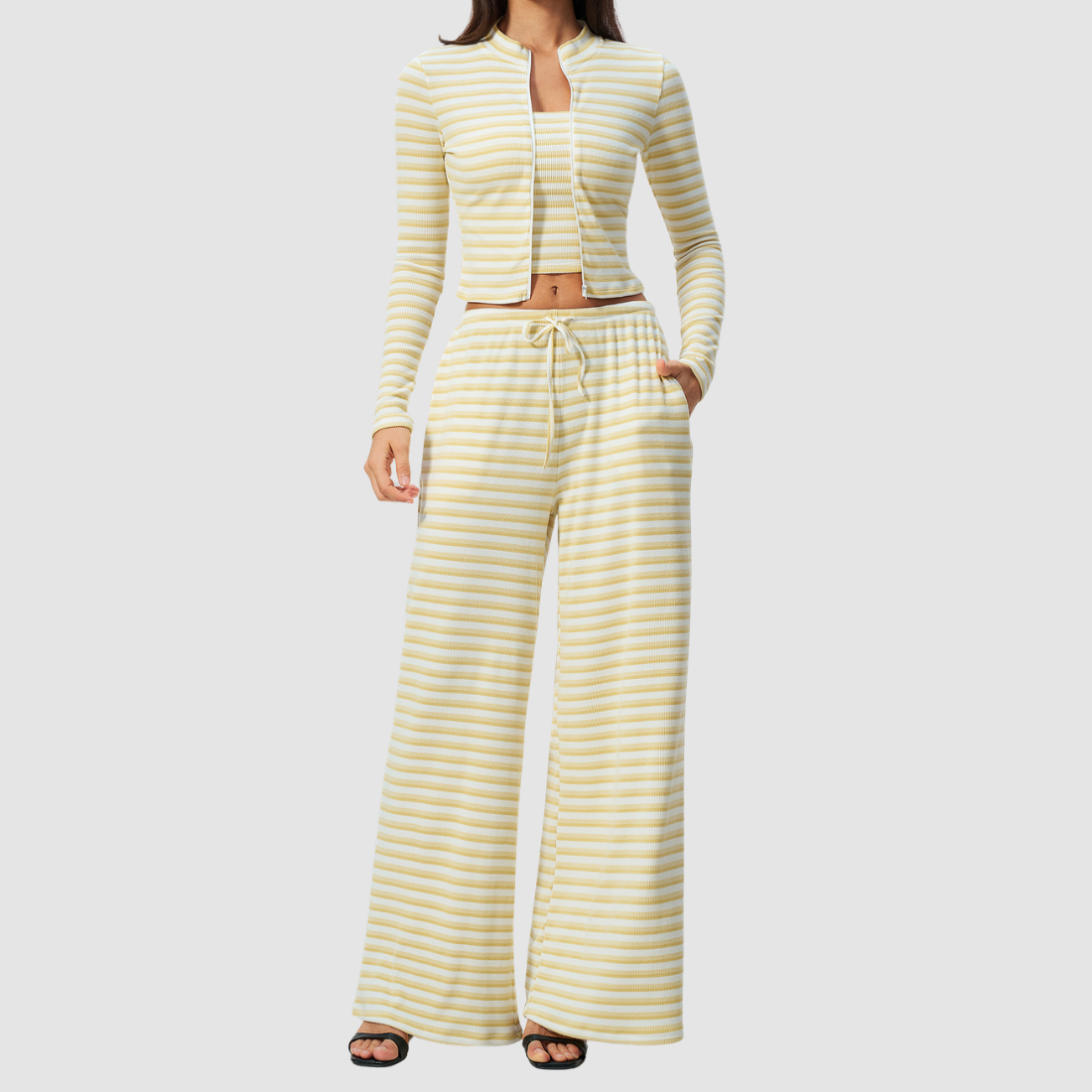 Wholesale Women's Stripe Yoga Bra & Wide-Leg Pants & Jacket 3-Piece Set