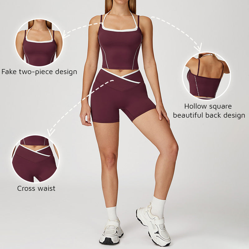 Fake two-piece halter tank top + High Waist Shorts 2-piece Set