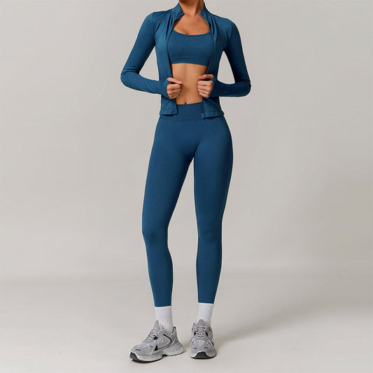 Seamless yoga bra + Full Zipper jackets + high waist leggings 3-piece set
