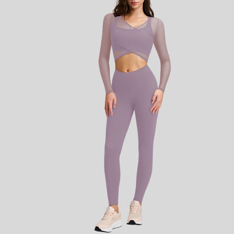 Sheer Mesh Top + Cross Back Bra + High-Waist Leggings 3-Piece Set