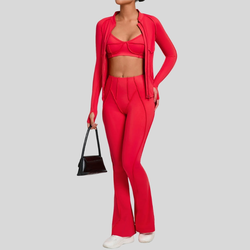 Thumb-buckle zipper jacket + slightly flared pants + sports bra 3-piece set